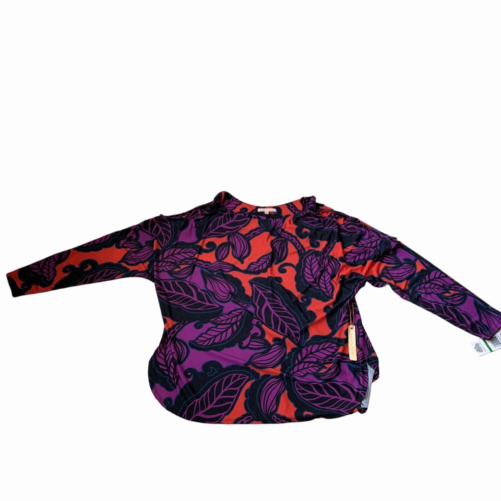 NWT Latimer Gibson Exotic Jungle Sz L Red and Purple Floral Open Shoulder Top - Picture 8 of 8
